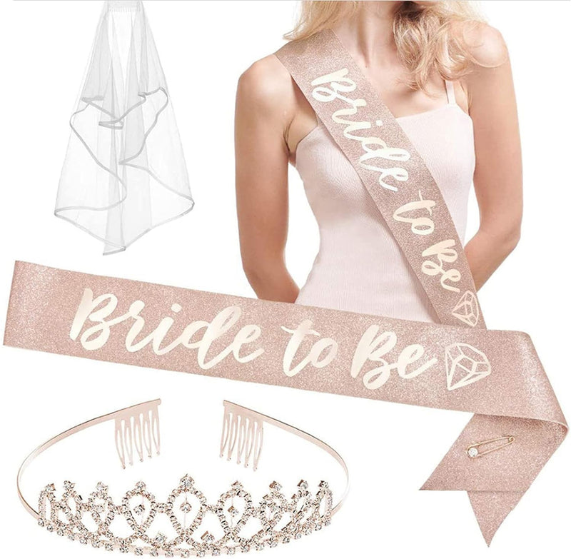 AM ANNA Rose Gold Bride to Be Pink Bachelorette Party Decorations Kit, Includes Bride to Be Sash, Rhinestone Tiara,White Veil Bridal Shower Decorations...