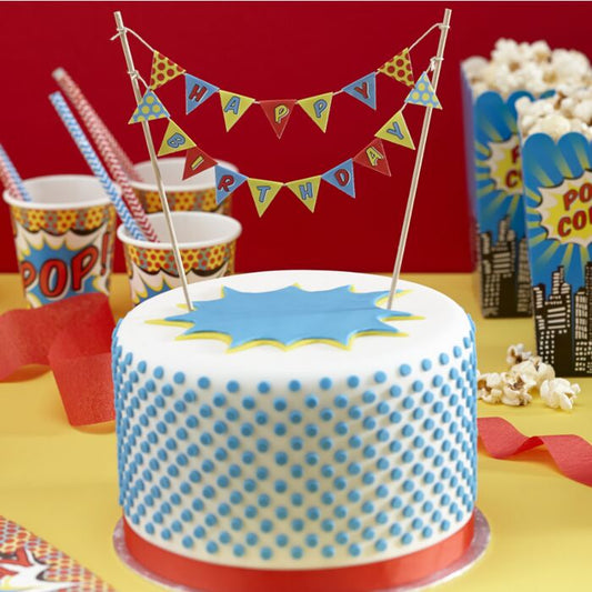 HAPPY BIRTHDAY CAKE BUNTING - POP ART SUPERHERO PARTY