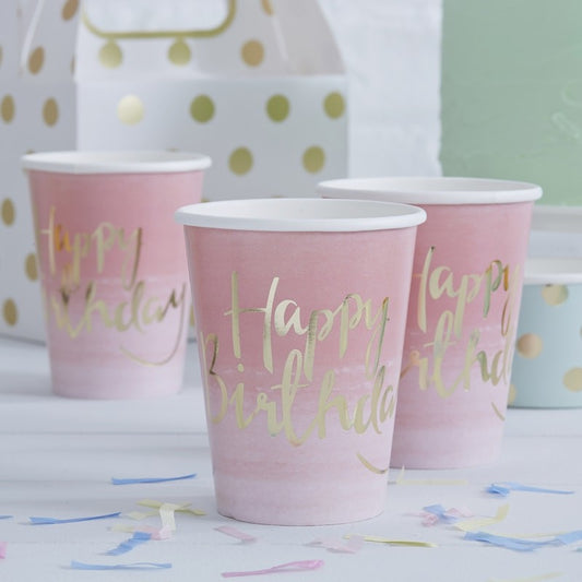 GOLD FOILED PINK OMBRE HAPPY BIRTHDAY PAPER CUPS * 8 Pcs