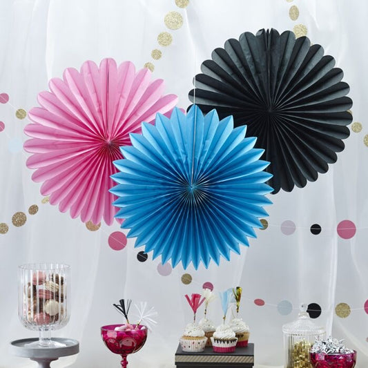 PINK, BLACK & BLUE WALL FAN DECORATIONS - CONFETTI PARTY