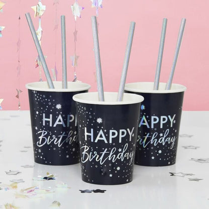 IRIDESCENT FOILED HAPPY BIRTHDAY PAPER CUPS - STARGAZER